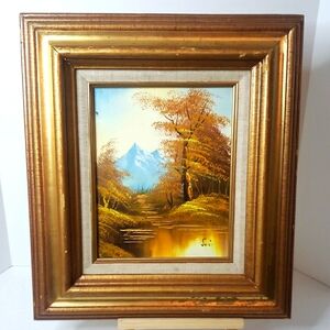 Vintage Painting Wood Framed Fall Scenery Mountains Signed Multicolor